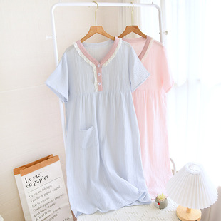 Nightgown Color-matching Short-sleeved Crepe Cotton Long Dress Pullover Simple Casual Summer Thin Cool Breathable Home Nightgown