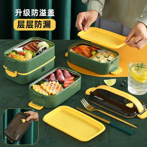 304 Stainless Steel Multi-layer Insulated Lunch Box Rectangular Portable Sealed Meal Container Student Double-layer Divided Bento Box