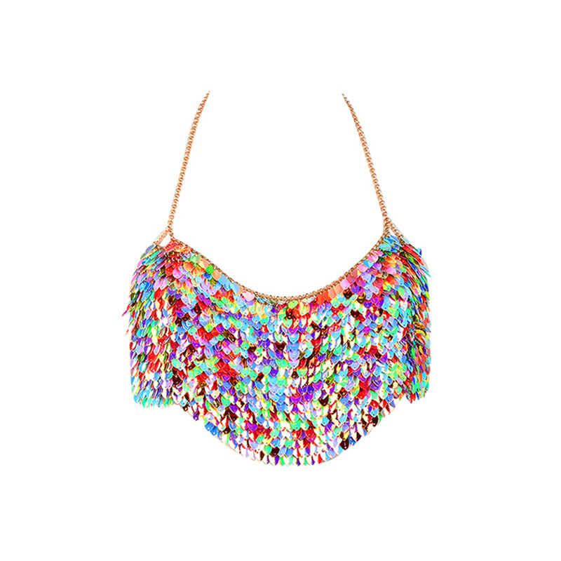 Joyería transfronteriza europea y americana, elaborada con lentejuelas brillantes, collar tipo camisola, accesorio sexy para el pecho, cadena corporal para mujer.