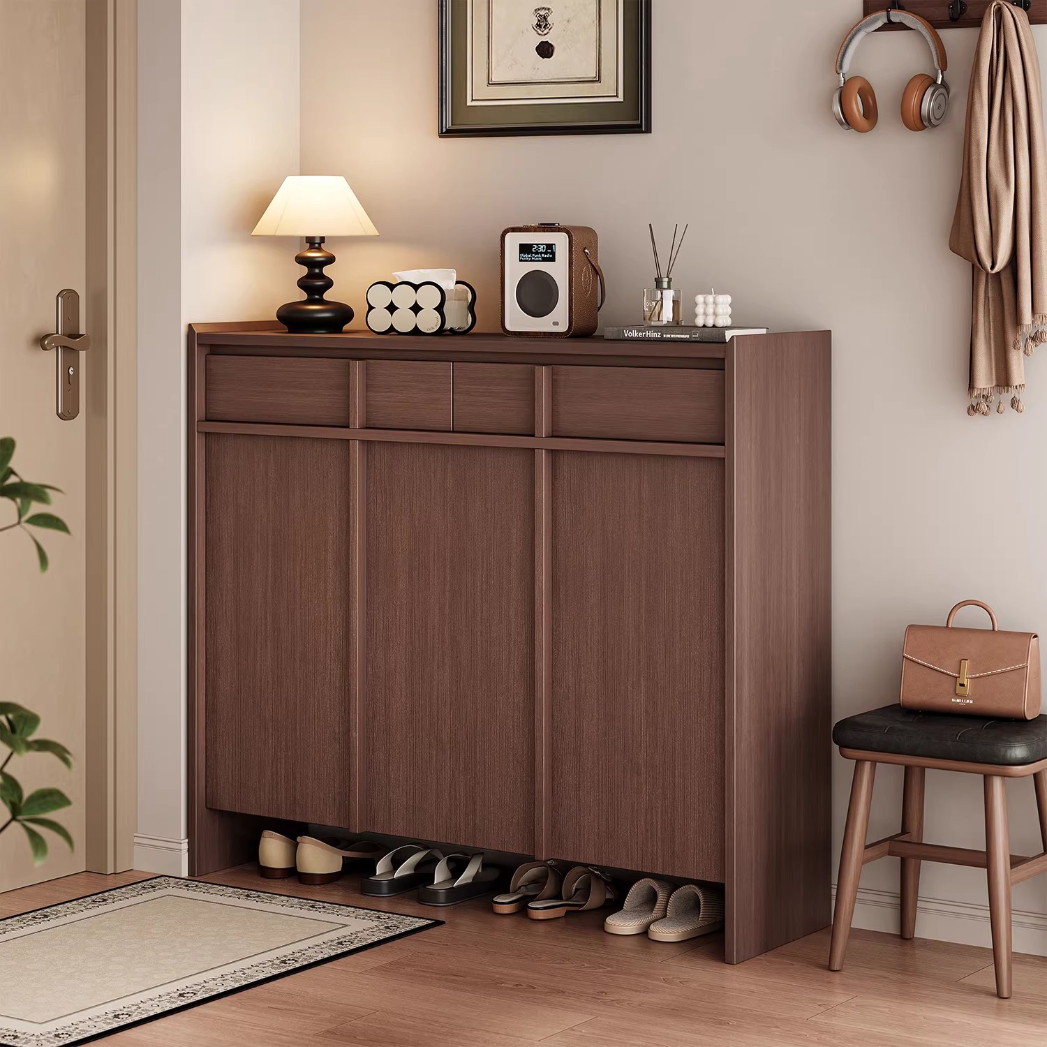 Gabinete de zapatos de línea de hueso en la puerta doméstica 2026 nuevo pasillo interior de madera maciza integrado gabinete de almacenamiento contra la pared