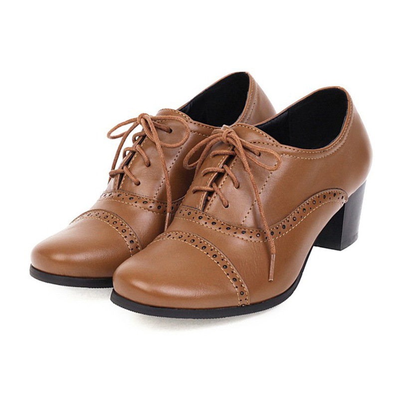 Foreign Trade Amazon England Academy Style Large Size Lace-up Women's Shoes Medium Heel Shoes 34-43
