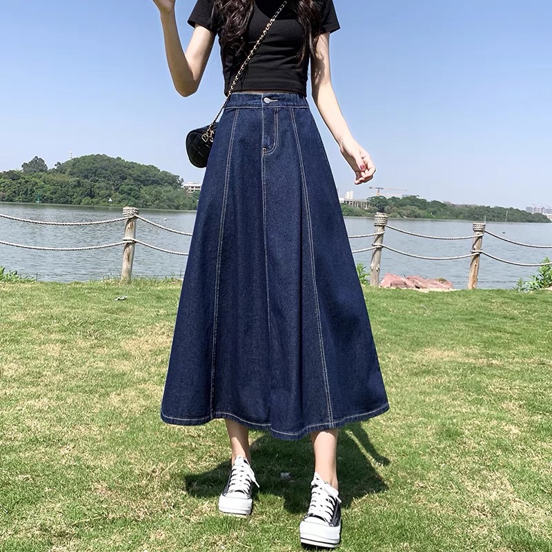Skirt Women's Long Skirt 2023 New Spring Mid-length Denim Skirt Pleated High Waist All-match Slim A- line Umbrella Skirt