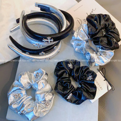 日系潮牌銀色十字克羅系類仿皮質布藝大腸發圈甜酷個性扎馬尾發繩