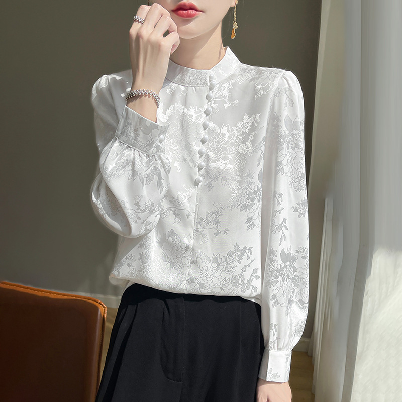 Designed with a Sense of Style, Silky Satin Stand-Up Collar Shirt, New Spring and Summer Half-High Collar Women's National Style Jacquard Long-Sleeved Top Wholesale
