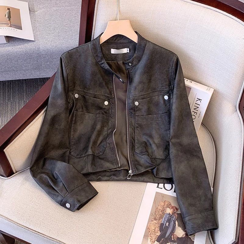 Fashionable and Stylish Coffee-Colored Leather Short Jacket for Women, 2025 Autumn New Petite Biker Stand Collar Leather Jacket