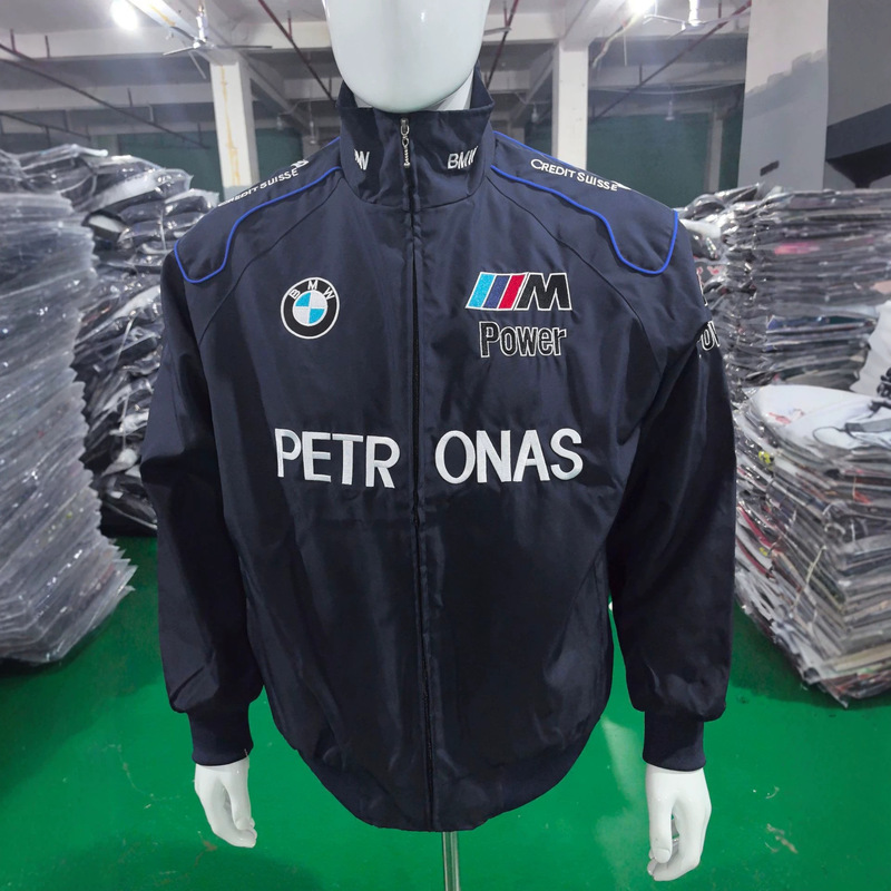 Navy blue BMW embroidered racing stand-up collar zip-up loose vintage biker jacket