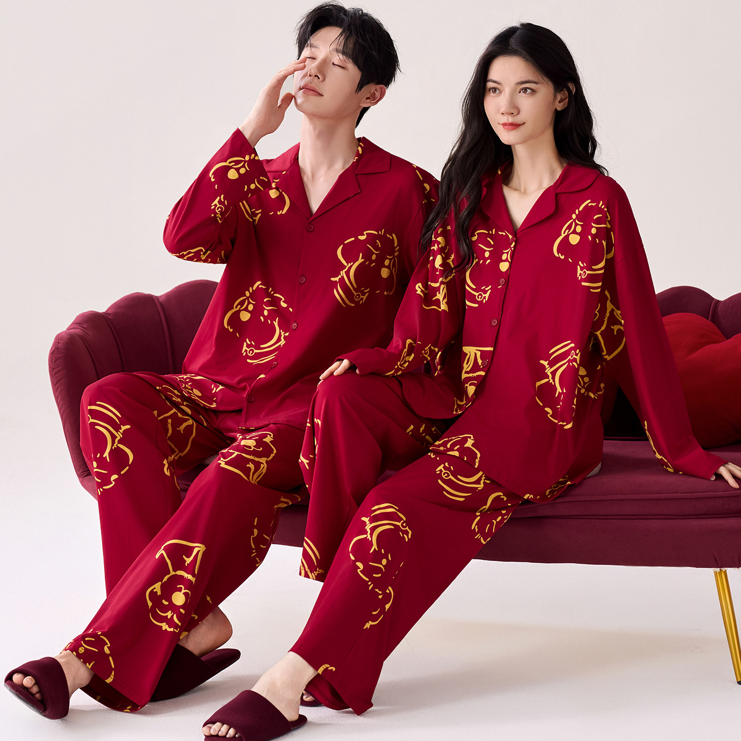 Spring and Autumn Couple Newlywed Warm Pajamas Women's Long-Sleeved Cotton Pants with Breast Pads Plus Size Can Be Weared Outside Home Clothes