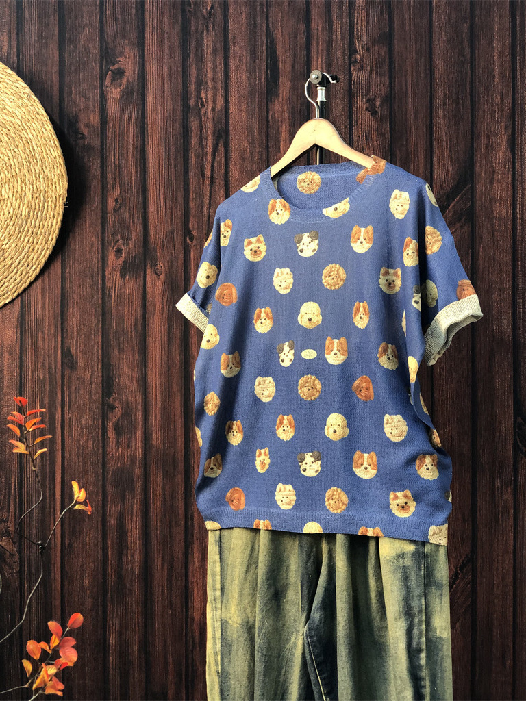 2025 Summer New Original Printed Knitwear Casual Large Size Loose Snail Mushroom Hemp Thin Women's Short Sleeves