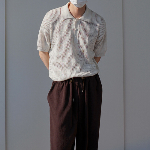Hollowed-out knitted short-sleeved Polo shirt men's summer Korean loose all-matching retro solid color half-sleeve lapel T-shirt