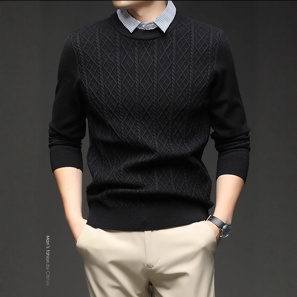 Falso de dos piezas Jacquard hombre otoño invierno nueva camiseta de manga larga camiseta de moda casual cuello cálido suéter base