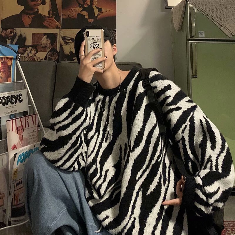 Winter Crew Neck Sweater Men's New Trendy Brand Casual Knitwear Jacket Korean Fashion Trendy Zebra Pattern Knitwear