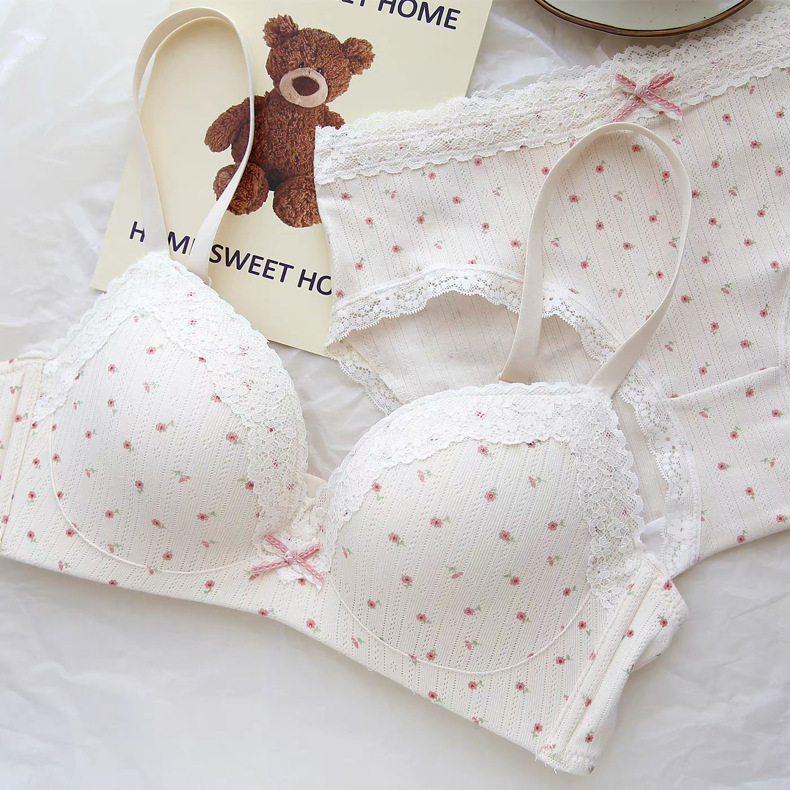Japanese-Style Romantic~ Sweet Tea Lace Girl Pure Desire Lingerie Thin Cup Small Chest Push-Up Wireless Bra Set
