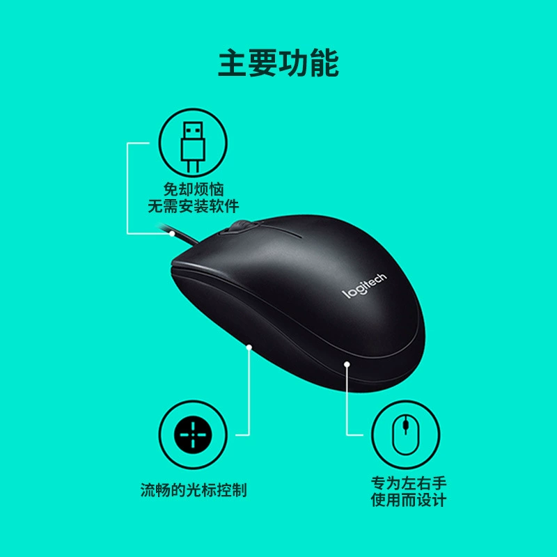 Проводная мышь Logitech B100 USB для офиса/домашнего использования, полноразмерная, для левой и правой руки