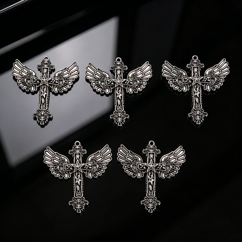European and American Cross-Border Five-Pointed Star Angel Wings Cross Pendant Retro Trendy Personalized Niche Necklace Wholesale Hot-Selling Item