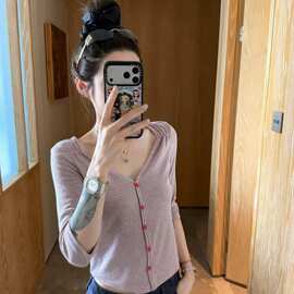 色织条领条纹七分袖女夏季韩系修身显瘦短款开衫上衣图片色波浪