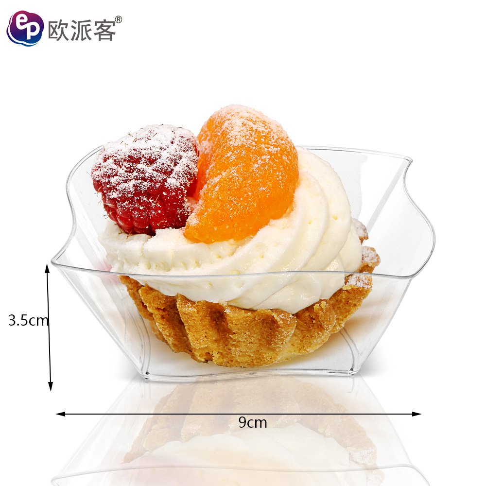 Copa de mousse desechable Taza de postre PS Taza de plástico Taza de pudín Taza redonda de punto de fábrica Taza cuadrada