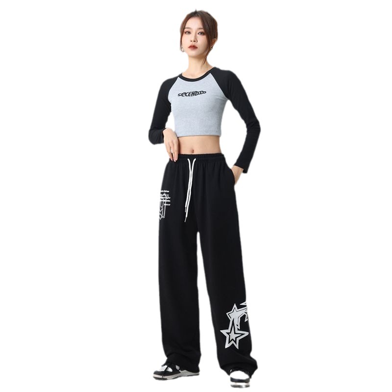 American-Style Printed Sports Pants for Women, New Spring and Autumn Drawstring Casual Dance Pants, Hip-Hop Jazz Dance Straight-Leg Pants for Women, Trendy