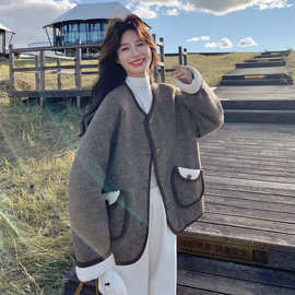 拼接白鸭绒内胆毛呢外套女秋冬高级感流行巨好看超火呢大衣短款