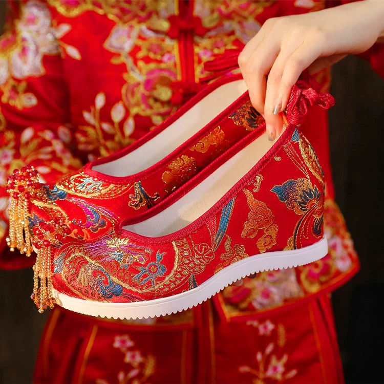 (Jinlong 6- см) китайские свадебные туфли Xiuhe, красные свадебные туфли с вышивкой и кисточками увеличенной высоты, древний костюм, туфли династии Хань в древнем стиле