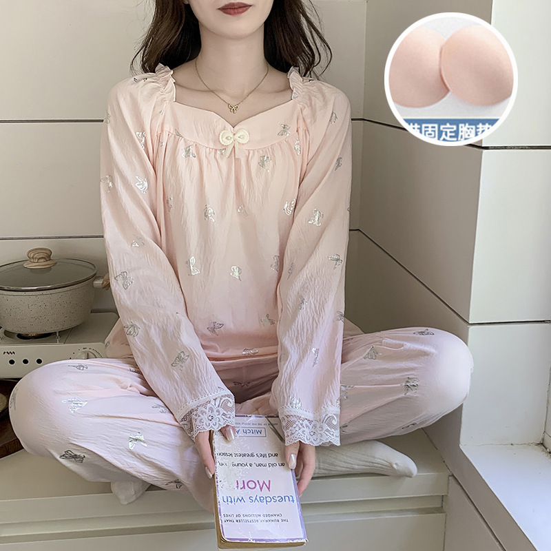 云朵棉睡衣女带胸垫春秋季新款韩版甜美ins风宽松长袖家居服套装|undefined