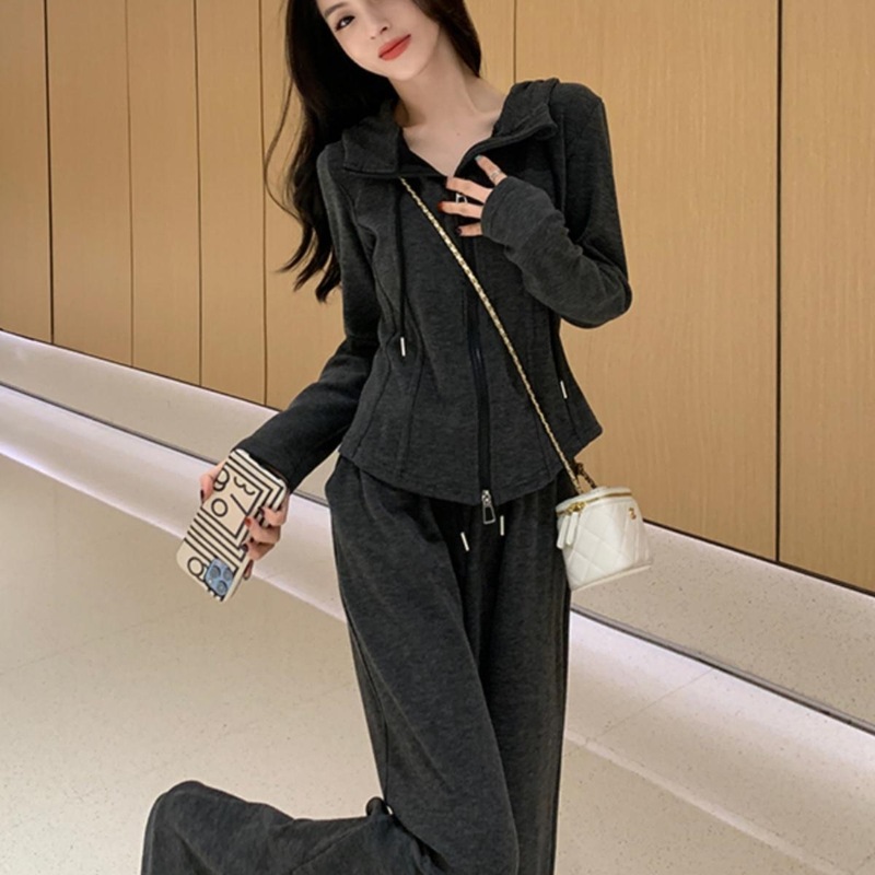 深灰色休闲运动套装春季新款女装高级感气质减龄时尚阔腿裤两件套|undefined