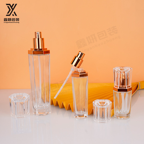 New six-sided glass empty bottle for cosmetic set, suitable for toner, essence, emulsion, cream, and ointment bottles