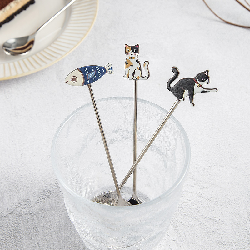 Creative 304 Stainless Steel Cute Fun Fish Cat Restaurant Dessert Coffee Honey Stirring Spoon Fruit Fork_voghion.com