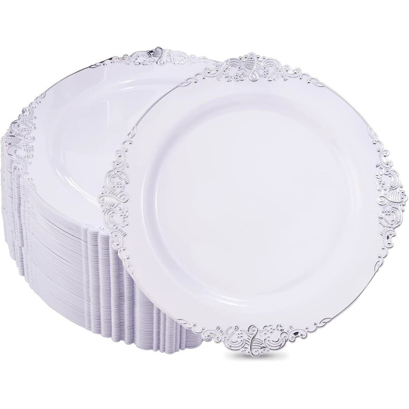 Bronzing Transparent Blue Relief Plate Disposable Dinner Plate Silver Edge PS Hard Plastic Rose Gold Tableware Dinner Plate Set