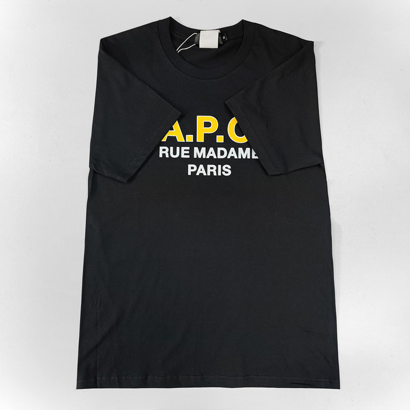 New Product Apc Japanese and Korean Popular A.P English Printed Flocking Pattern 100 Pure Cotton Normal Size T-Shirt Men and Women Couple Shirts