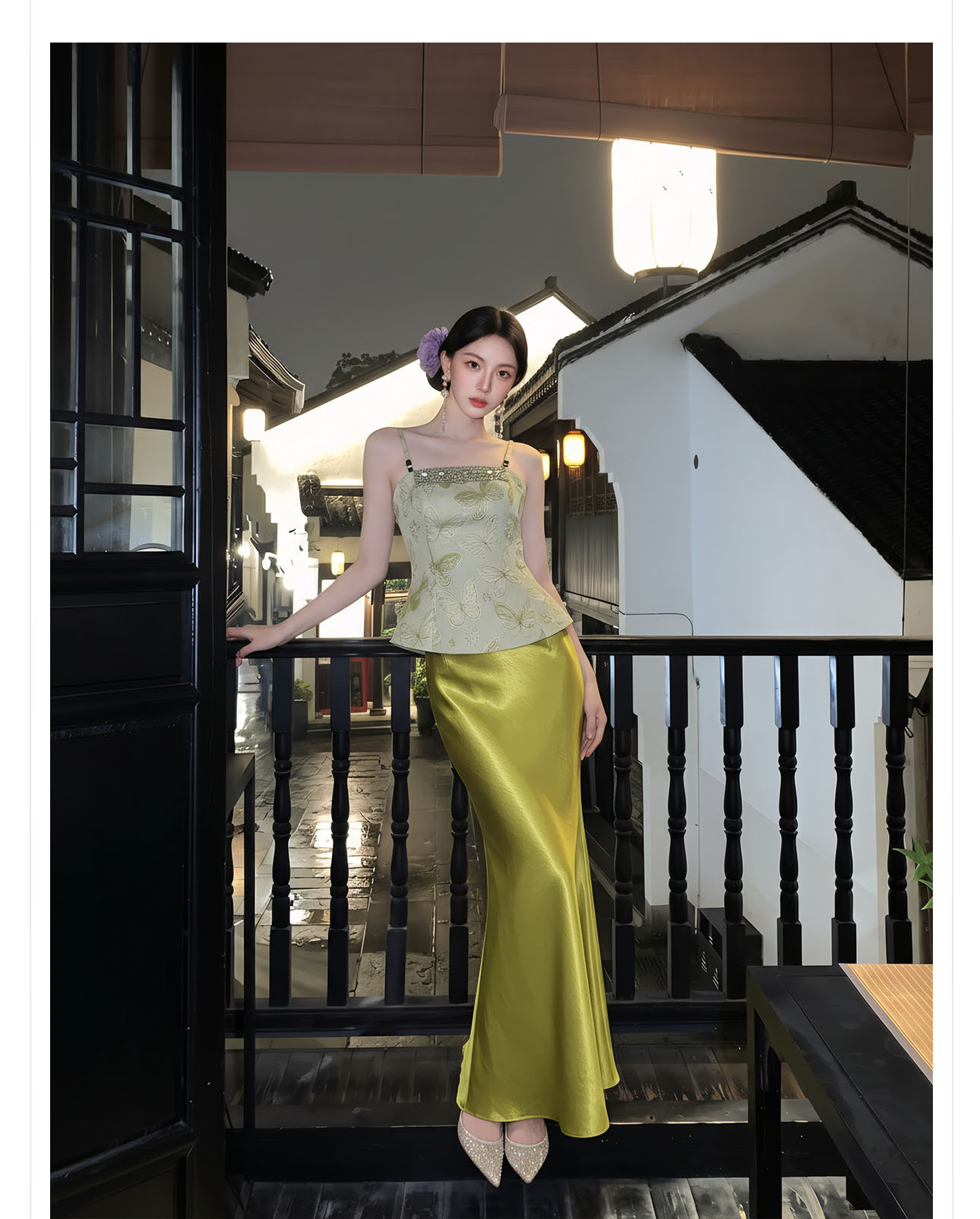 Bộ đầm maxi thắt eo phong cách Tân Trung Hoa thêu ren cổ điển — bộ đồ, Trang chủ, Màu xanh lá cây nửa váy chi tiết 7