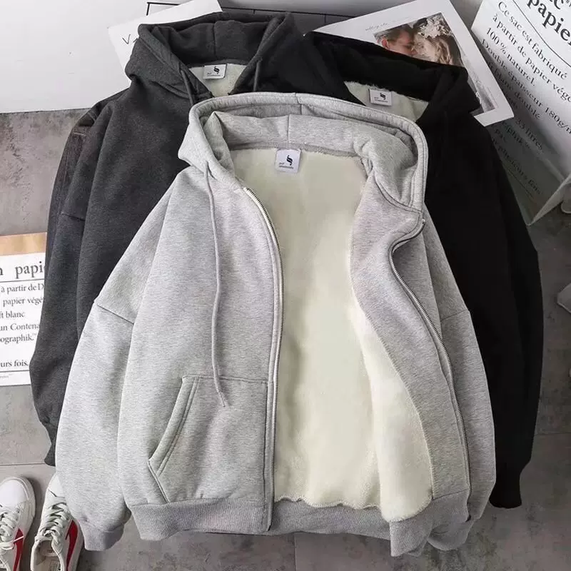 加绒外套男新款开衫大码休闲卫衣宽松秋冬拉链连帽上衣服源头厂家