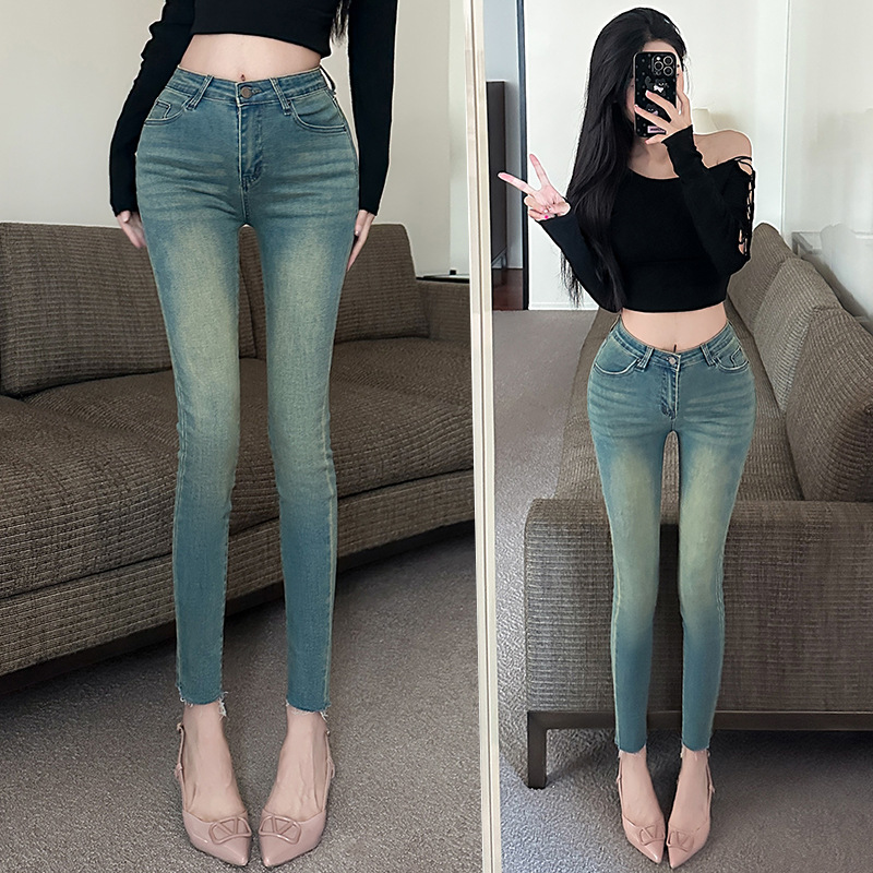 South Korea Han Man Leg Fine Slim-fit Pencil Pants Women's Early Autumn Retro All-match Cropped Jeans
