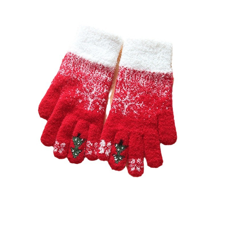 Warm gloves ladies winter dew finger touch screen with wool thickened knitting New Year Christmas red Korean version wholesale_voghion.com