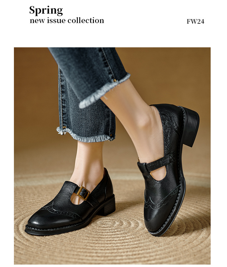Giày Mary Jane nữ quai chữ T da bò gót dày phong cách brogue — màu nâu chi tiết 14
