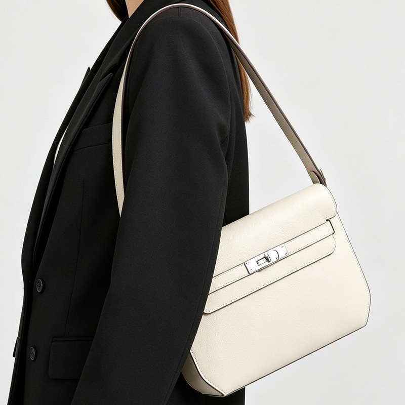 Cowhide Kelly Bag Underarm Bag for Women, High-End Brown Messenger Bag, Retro Commuter Shoulder Crossbody Bag