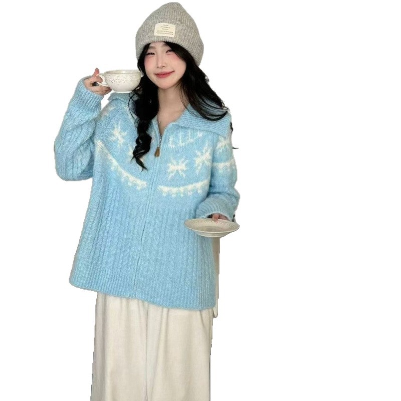 Alpaca Jacquard corteza suéter con cremallera chaqueta coreana gran solapa de pelusa sensación suave chaqueta glutinosa
