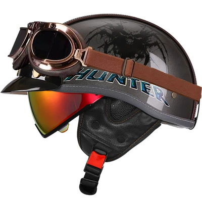 Motosiklet kaskı (dəbilqə) – 3C Certified Retro Motorcycle Helmet Leather - bright-gray-demon-hunter-aurora-red-mirrorcopper-mirror-m