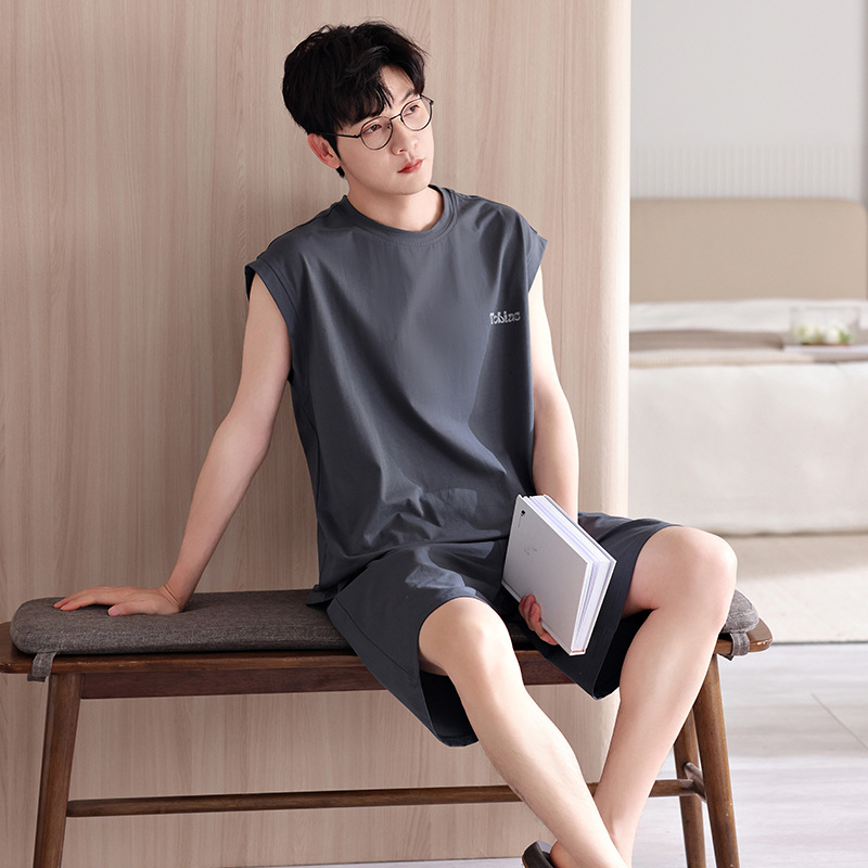 남성용 잠옷, 여름 조끼, 반바지, 순면 얇은 민소매 슈트, 여름 야외 스포츠 남성용 가정복