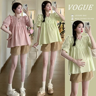 Real shot spot 2024 new V-neck wooden ear shirt doll shirt top stretch belly shorts