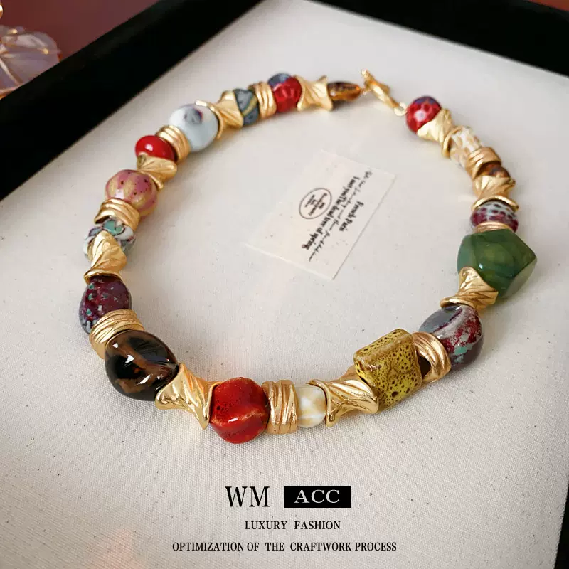 中古vintage气质项链花朵创意设计感陶瓷锁骨链高级感复古项饰女