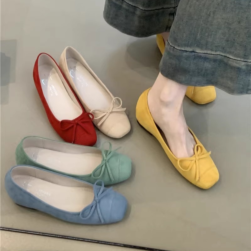 Inner Temperature-Increasing Soft Fairy Ballet Shoes 2025 New French Sweet Suede Bow Shallow Evening Shoes