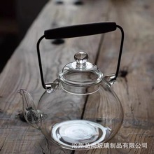 围炉煮茶日式黑胡桃木把提梁壶高硼硅耐热玻璃创意梨形沸水壶