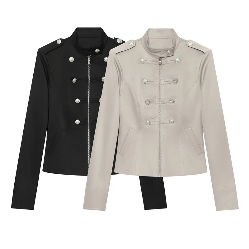 Pb&Za New Foreign Trade Women's Clothing Retro Stand-Up Collar Metal Double-Breasted Slim-Fit Waist-Cinching Napoleon Jacket Pb&Za New Foreign Trade Women's Clothing Retro Stand-Up Collar Metal Double-Breasted Slim-Fit Waist-Cinching Napoleon Jacket