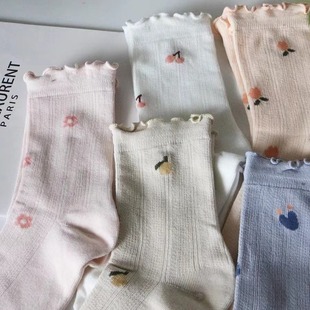 Women's Mid-Calf Pure Cotton Socks for Spring and Autumn, Pink Ruffled Seamless Loose Maternity Long Socks, Japanese Style Slouch Socks