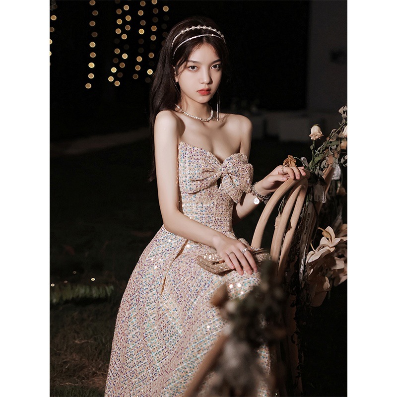 Vestido de noche sin tirantes, nuevo estilo de verano 2026, color champán, sexy, con lentejuelas, largo, para banquetes, fiestas anuales, para mujer, productos de fábrica