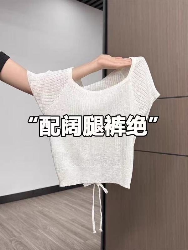 韓国アイスシルクニット半袖Tシャツレディース夏ショートデザインバックレースアップスリムフィットショルダートップ|undefined