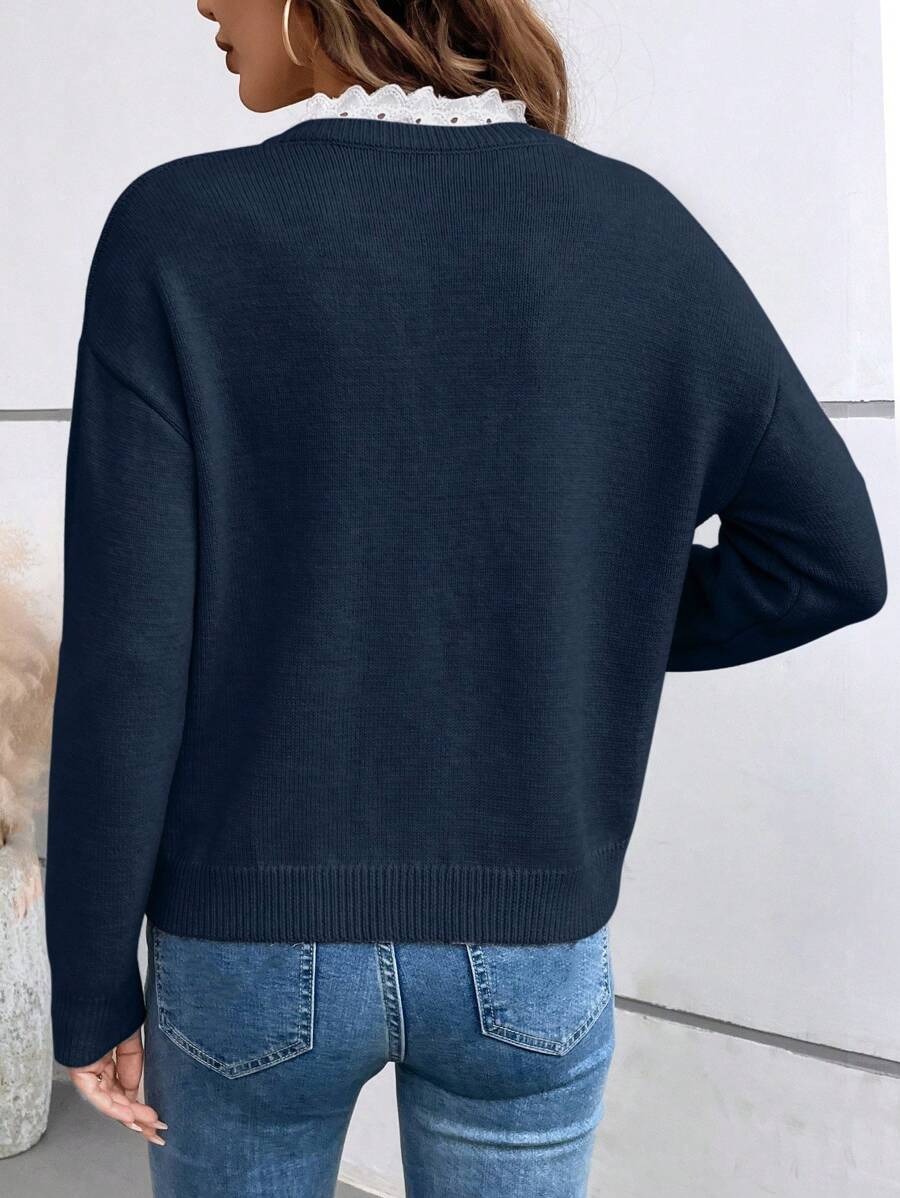 Damen Strickpullover Mit V-ausschnitt Und Spitzenbesatz Langarm_voghion.com