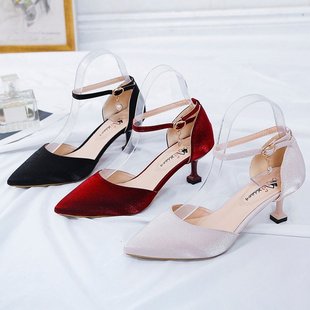 New Shallow Top Buckle Rhinestone Thin Heeled One-line Buckle Satin Pointed Sandals Women's High Heeled Shallow Top