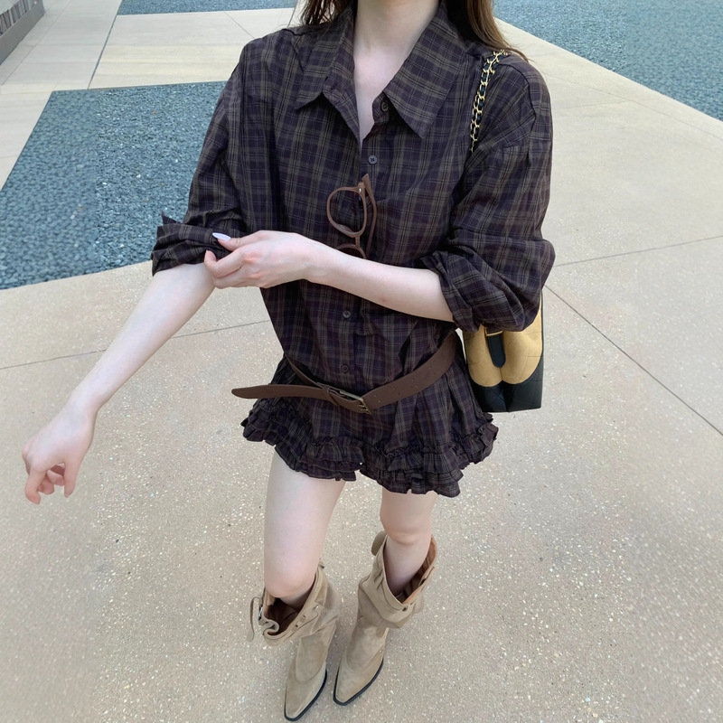 美式辣妹复古咖色格子衬衫气质长袖衬衣女秋季设计感开衫外套上衣|undefined