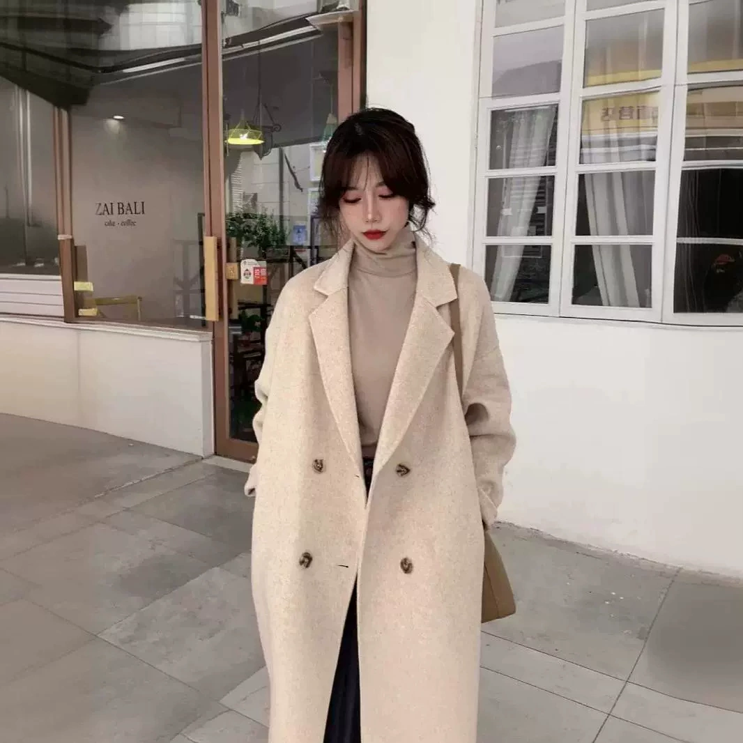 [Обновленная версия с четырьмя пряжками] Темперамент пригородного и свободного костюмированный воротник без пояса сплошной цвет пальто с четырьмя пряжками